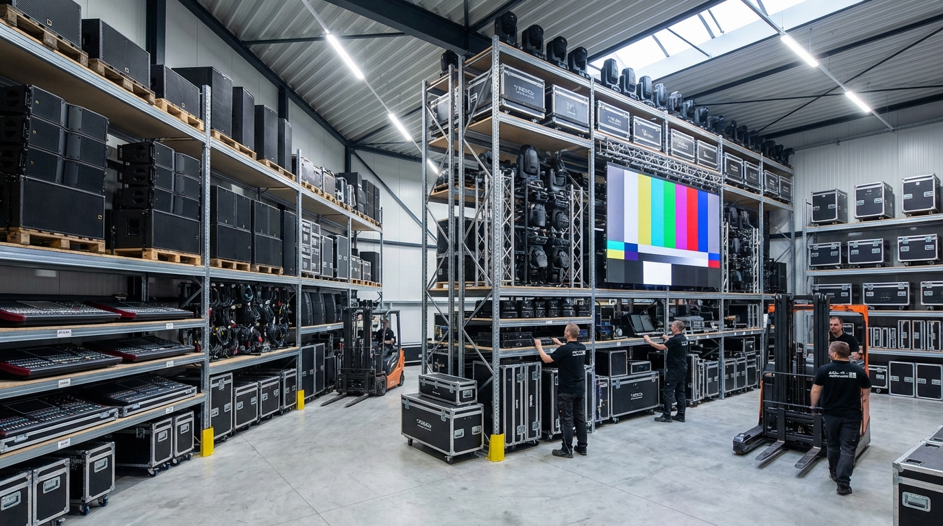 Professional AV rental warehouse with organized racks of audio speakers, stage lighting, and LED video panels.