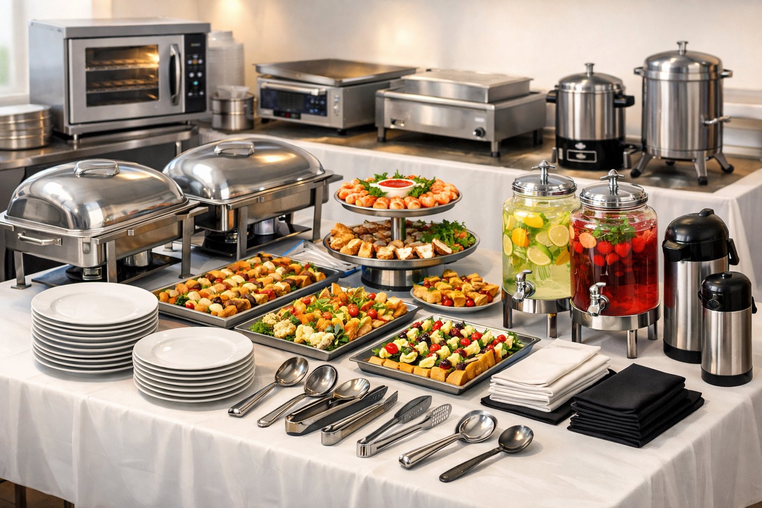 A display of catering and food service equipment including chafing dishes, serving trays with appetizers, plates, beverage dispensers, and catering carts arranged on a table.