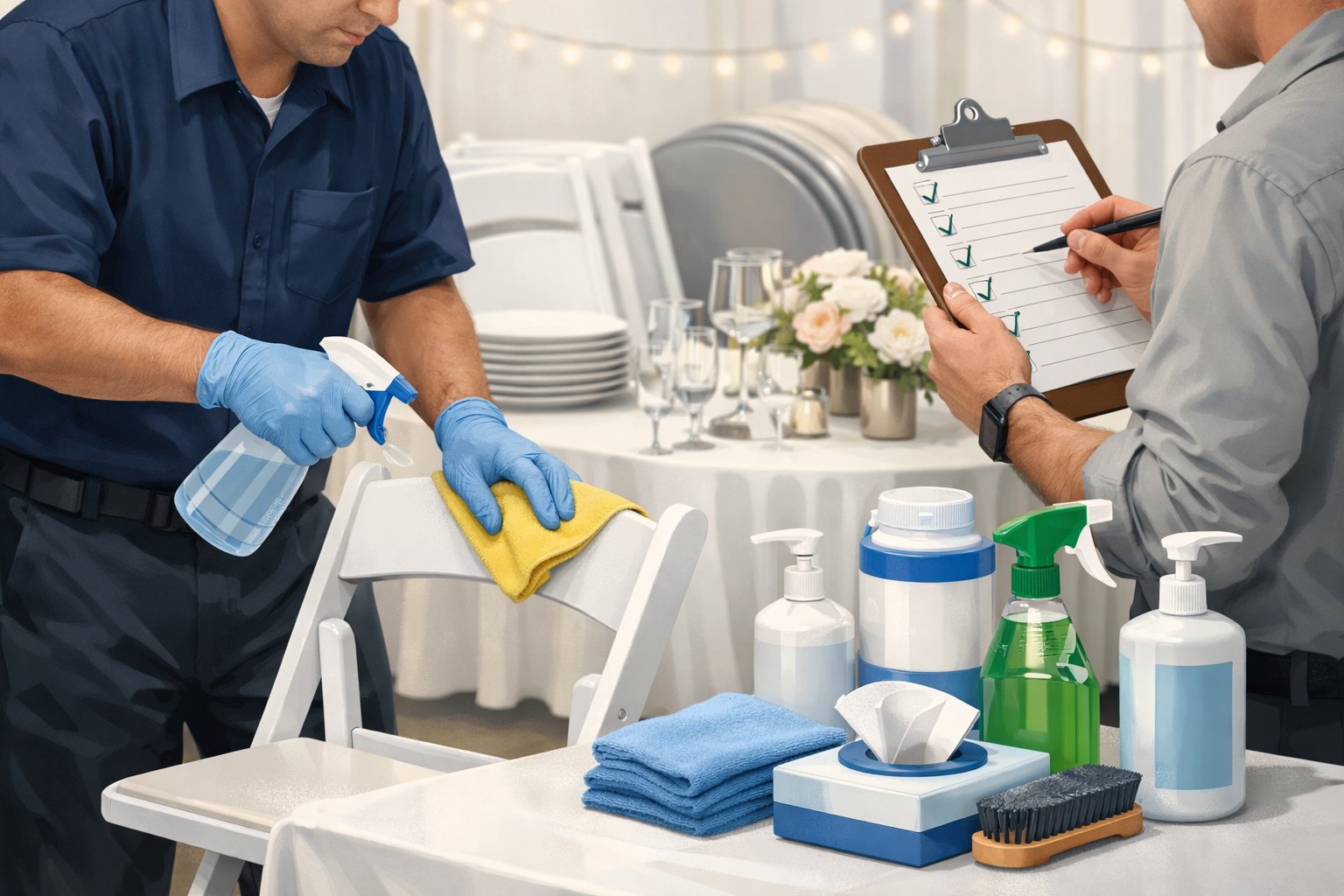 A staff member cleaning and inspecting party rental items with cleaning supplies and a checklist nearby in a tidy setting.