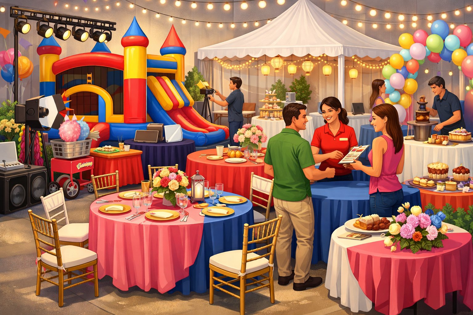 A party rental scene showing inflatable bounce houses, chairs, tables, tents, and staff helping customers set up decorations and equipment.