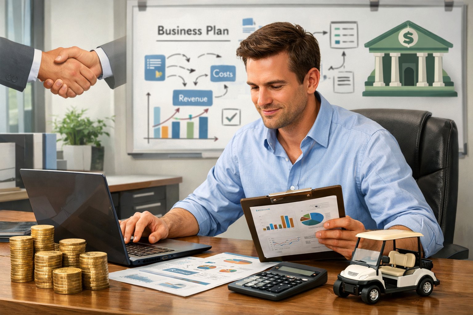 An entrepreneur at a desk reviewing financial documents and a small golf cart model, with charts and business planning visuals in the background.