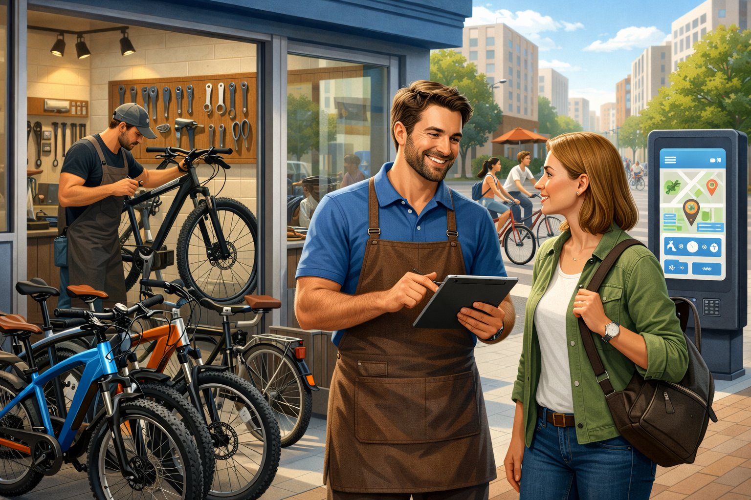 A bike rental shop with bicycles displayed, a shop owner helping a customer, a mechanic fixing a bike, and people riding rented bikes on a city street.