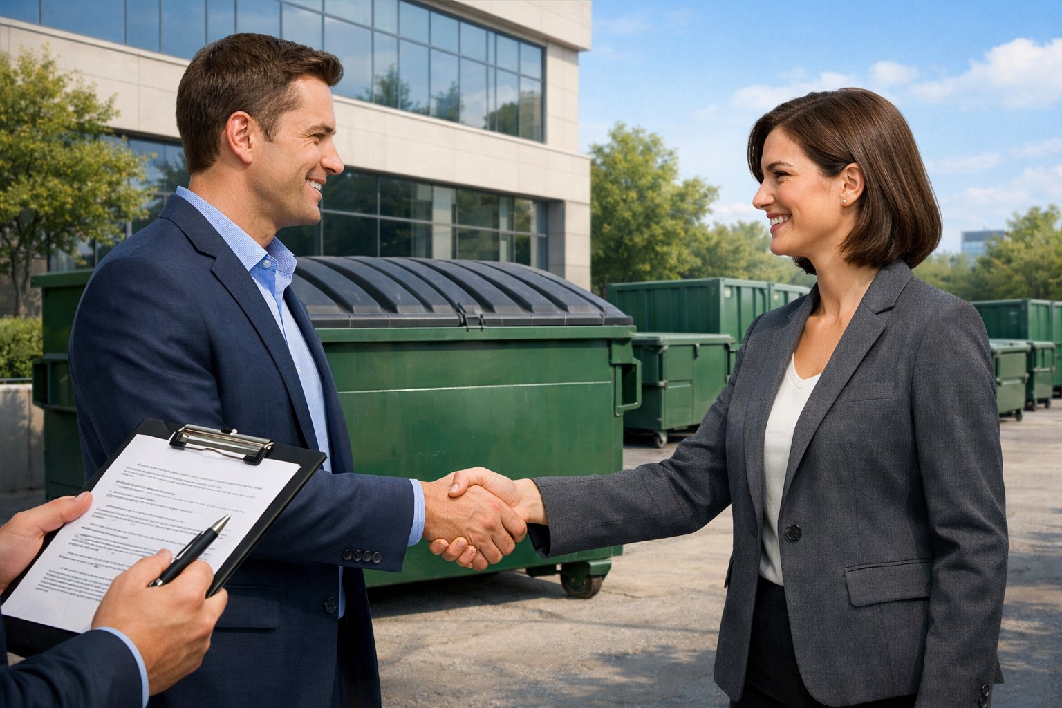 Two business professionals shaking hands in front of several dumpsters outside an office building, symbolizing the purchase of a dumpster rental business.