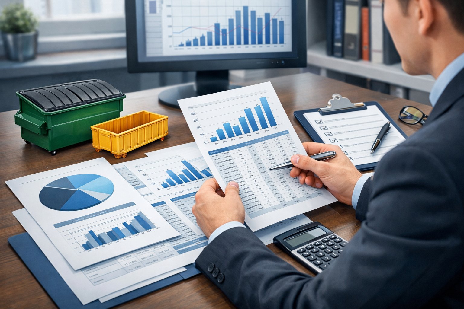 A businessperson reviewing financial documents and charts at a desk with a small dumpster model and calculator nearby, in an office setting.