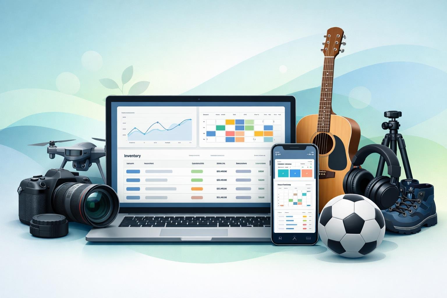 A laptop and smartphone showing a rental management dashboard surrounded by rental items like cameras and musical instruments.