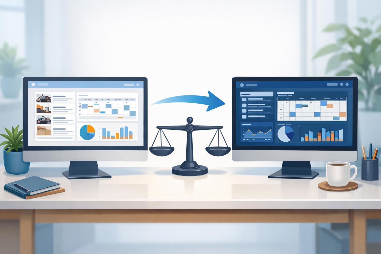 Two computer screens on a desk showing different rental management software dashboards with a balanced scale symbolizing comparison in a modern office setting.