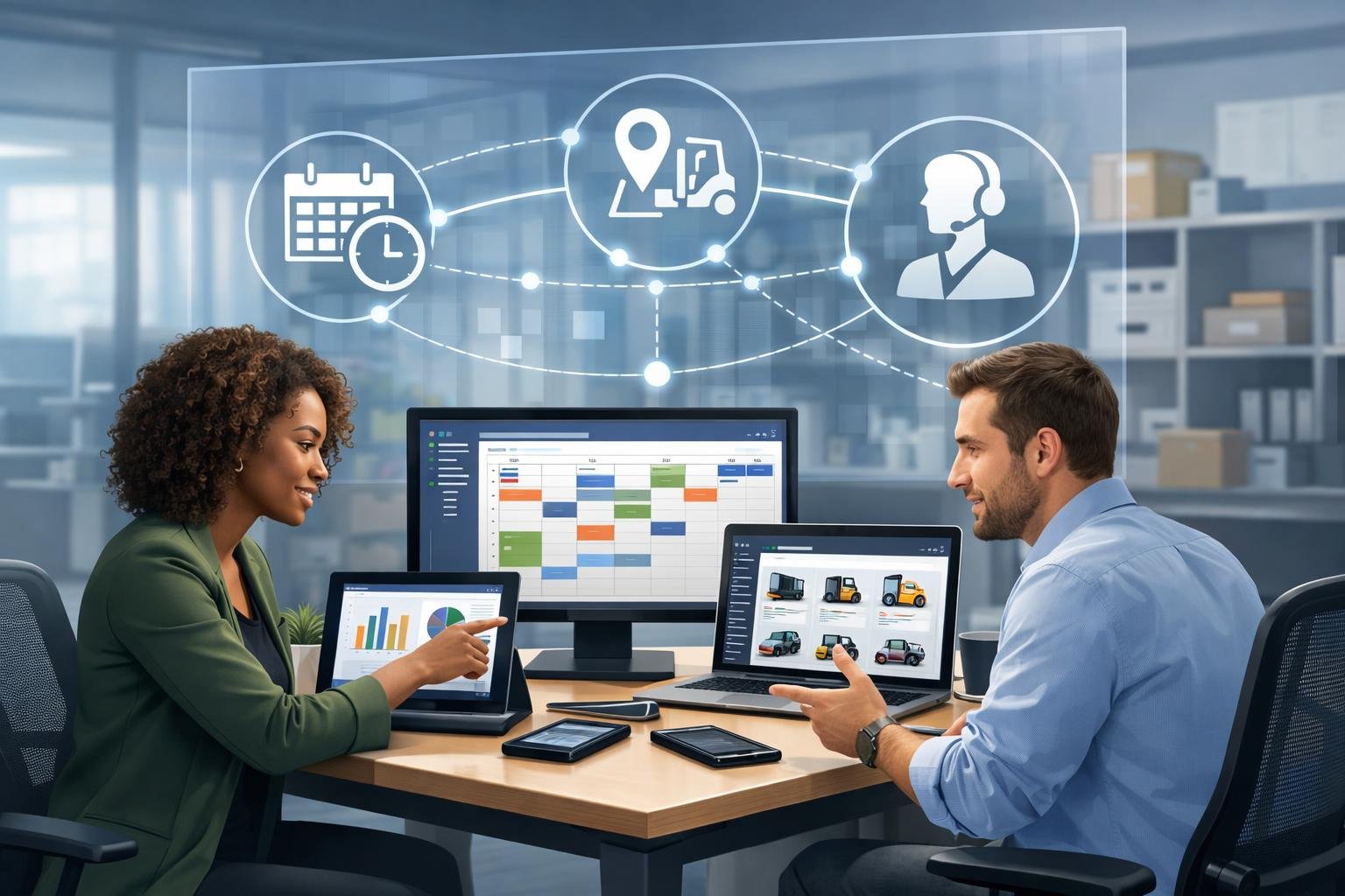 Two professionals working together at a desk with digital devices showing charts and schedules in a modern office setting.