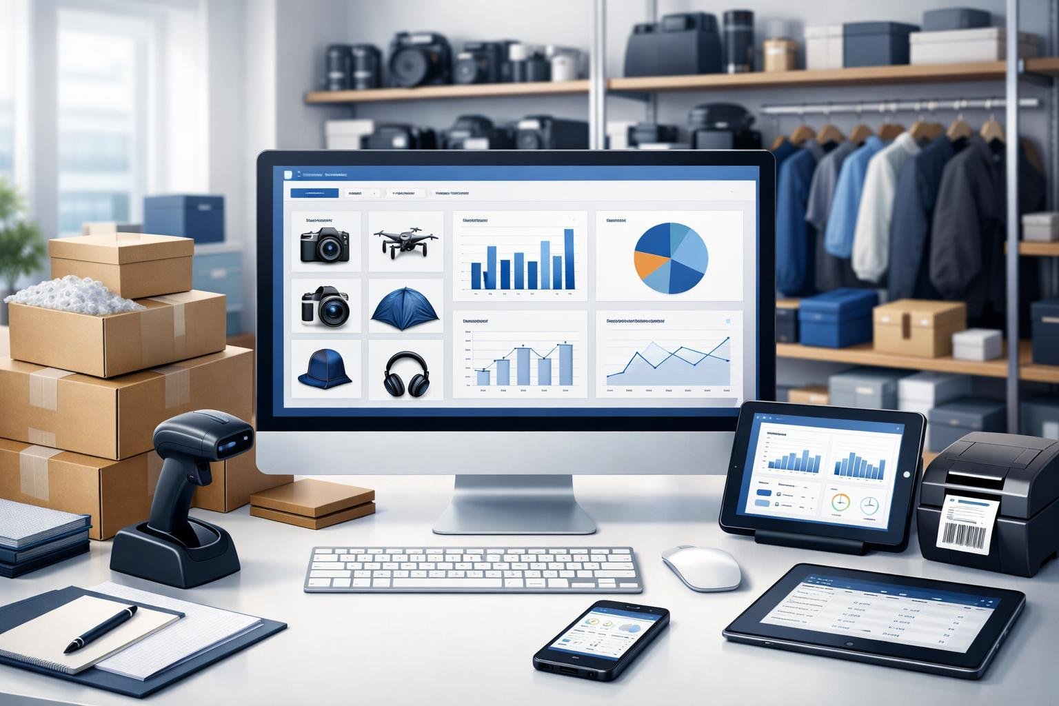A modern office workspace showing a computer with an inventory dashboard, packages, barcode scanners, and shelves with products.