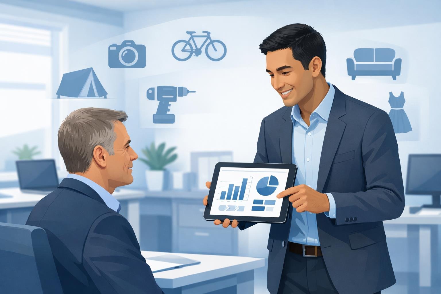 Two business professionals discussing rental software on a tablet in a modern office with icons of rental items floating around.