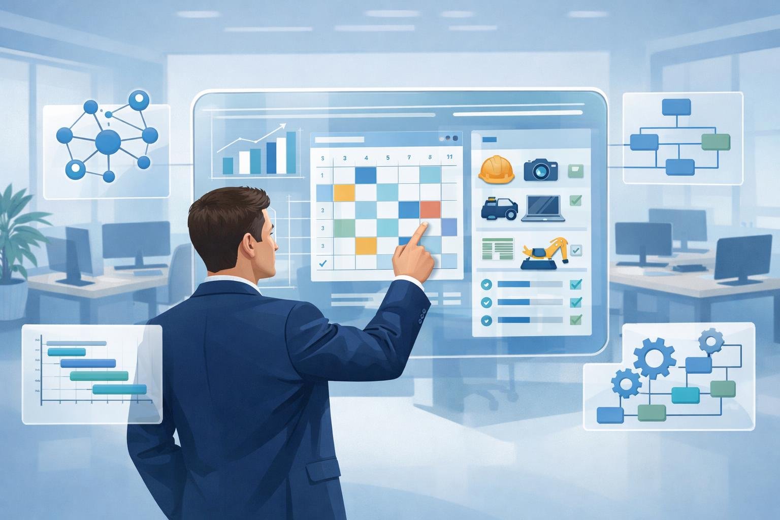 A business professional using a transparent touchscreen interface showing charts and inventory icons in a modern office setting.