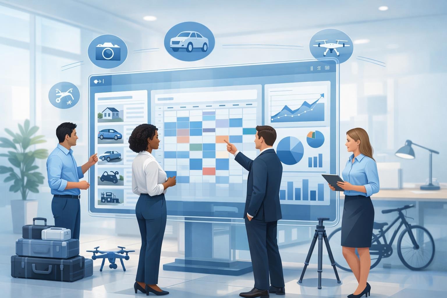 People interacting with a large digital dashboard showing rental listings and bookings in a bright office.