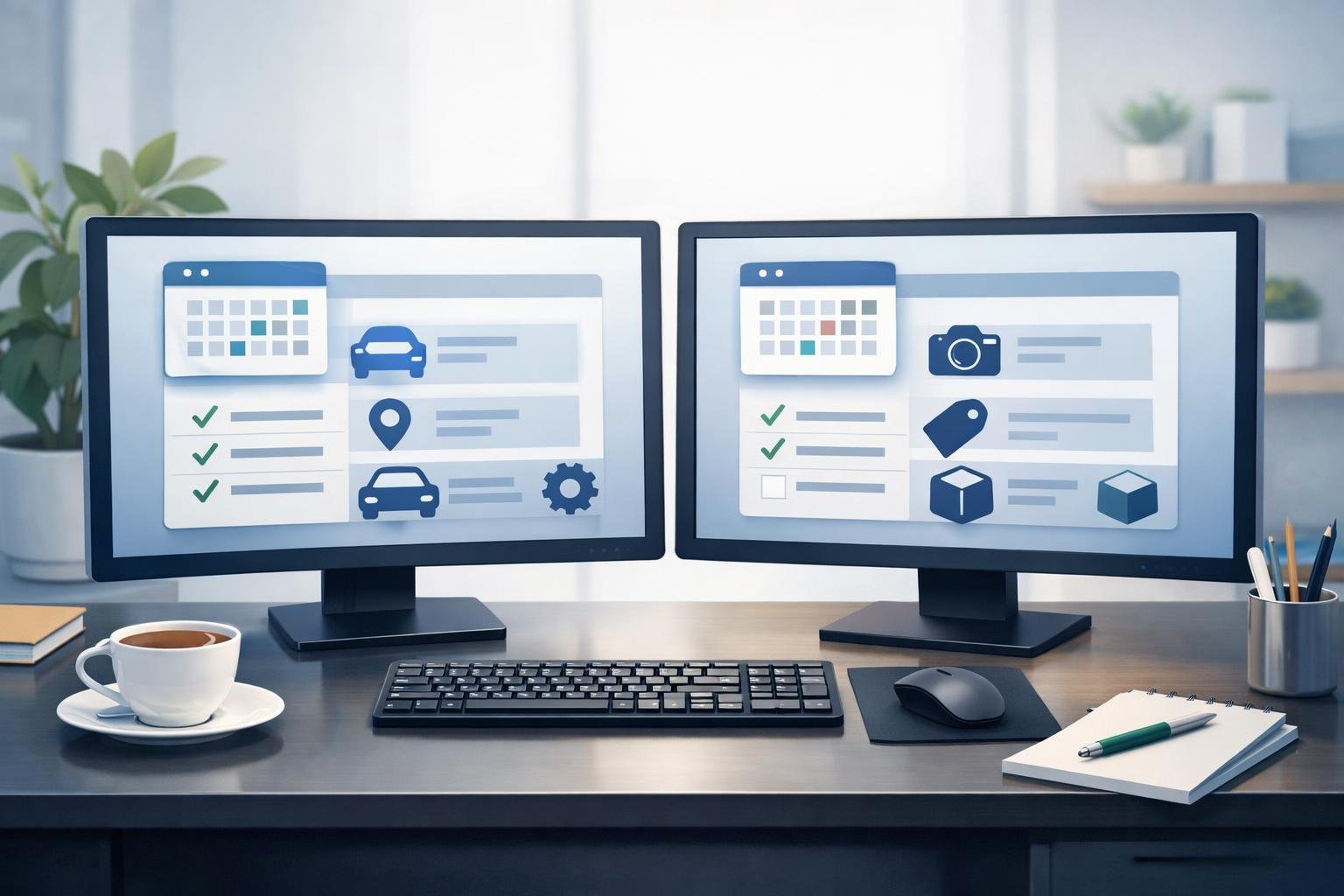 An office desk with two computer monitors displaying software interfaces side by side, surrounded by office items like a plant and coffee cup.