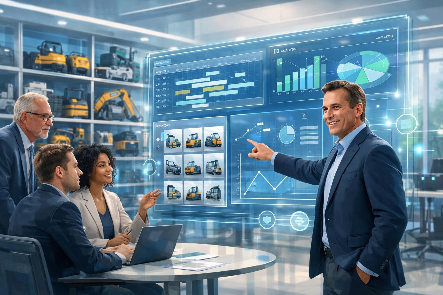 Business professionals collaborating in a modern office with digital displays showing equipment rental management and analytics, surrounded by organized industrial equipment.