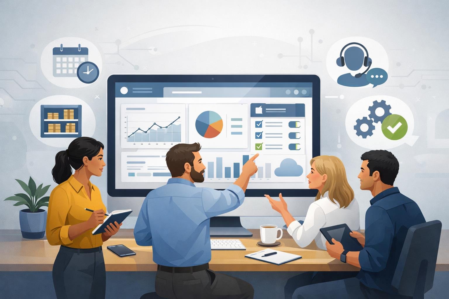 A group of professionals collaborating around a computer displaying software features in a modern office setting.