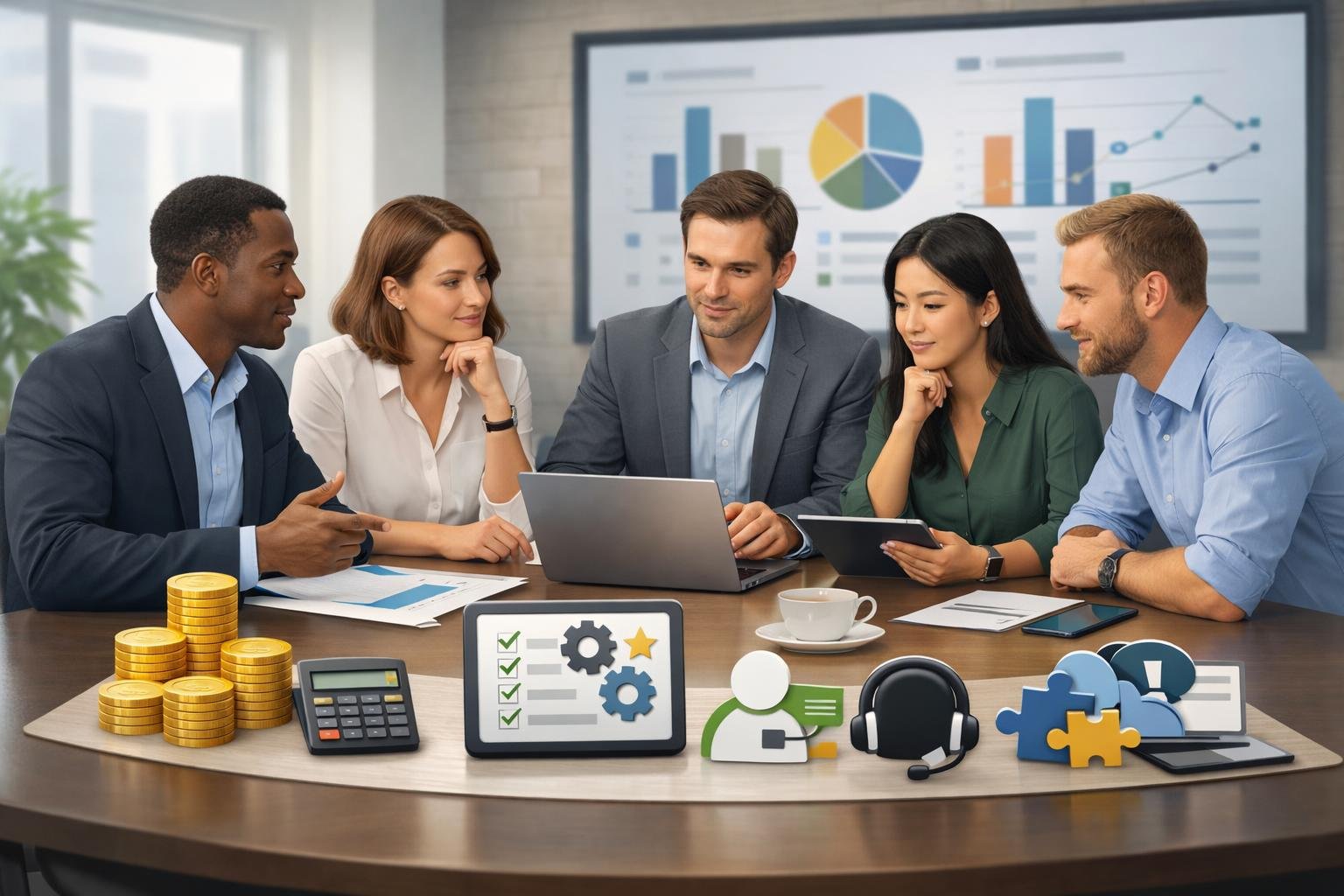 A group of business professionals discussing and analyzing various factors around a table in an office.