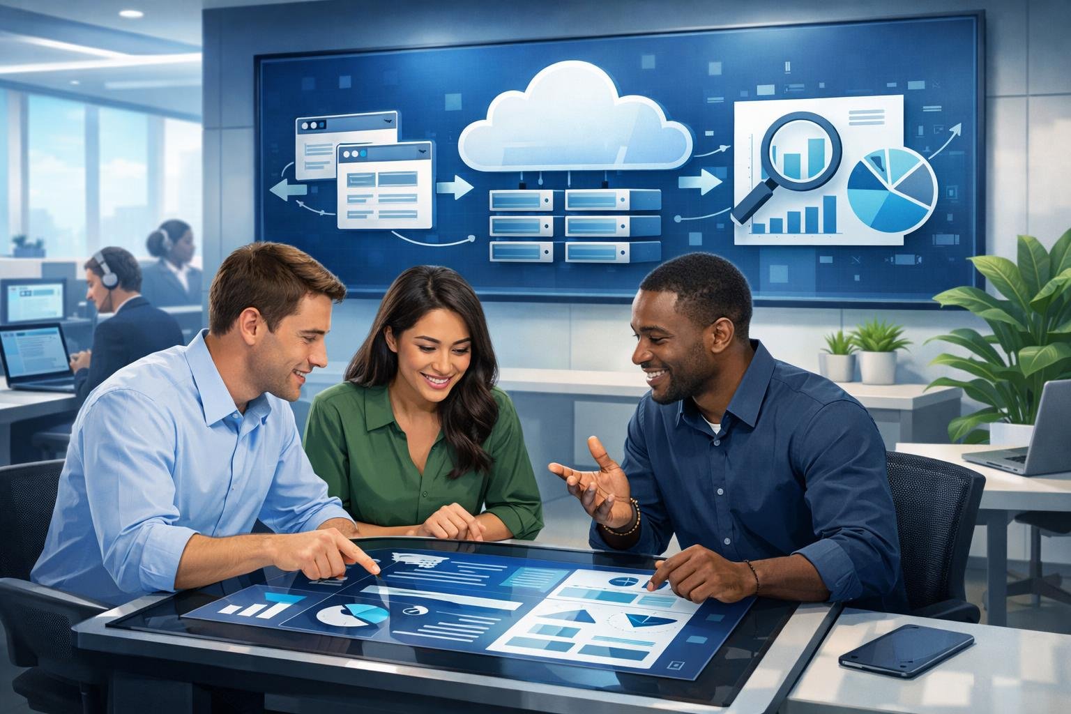 Three people collaborating around a digital touchscreen table in a modern office with a large screen displaying software-related icons in the background.