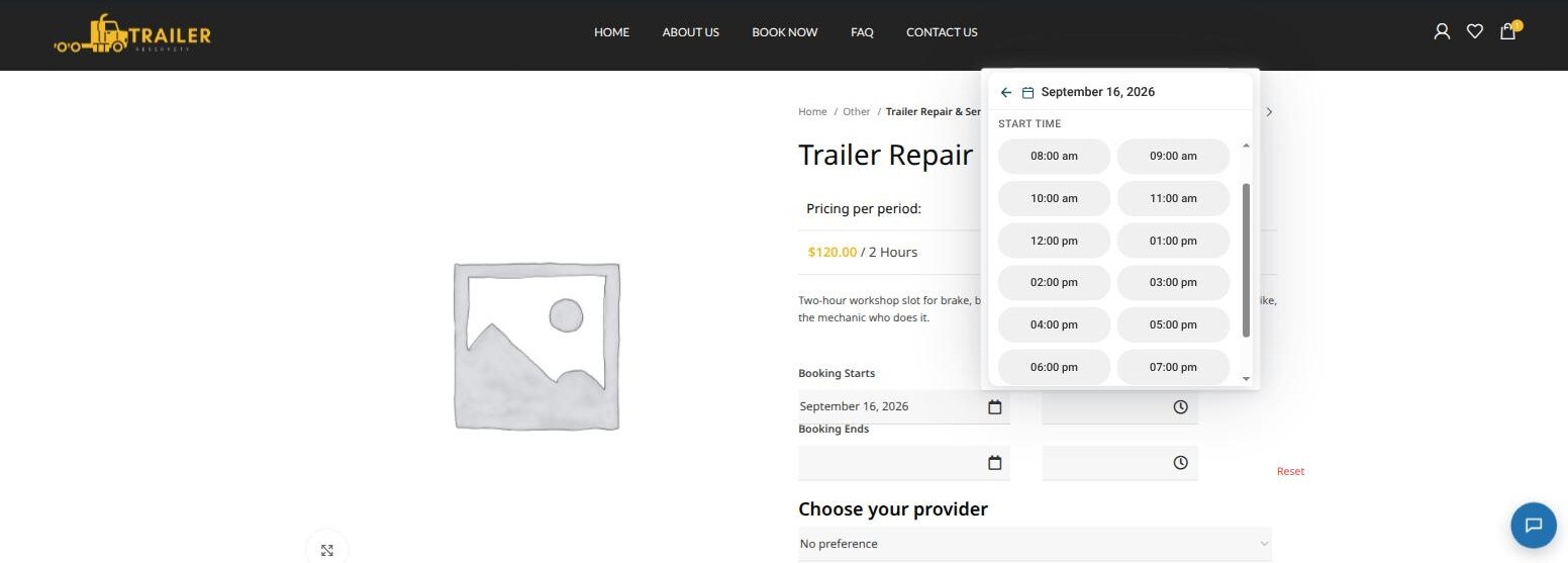 Trailer repair service page with a date chosen and a list of hourly start times from 8am