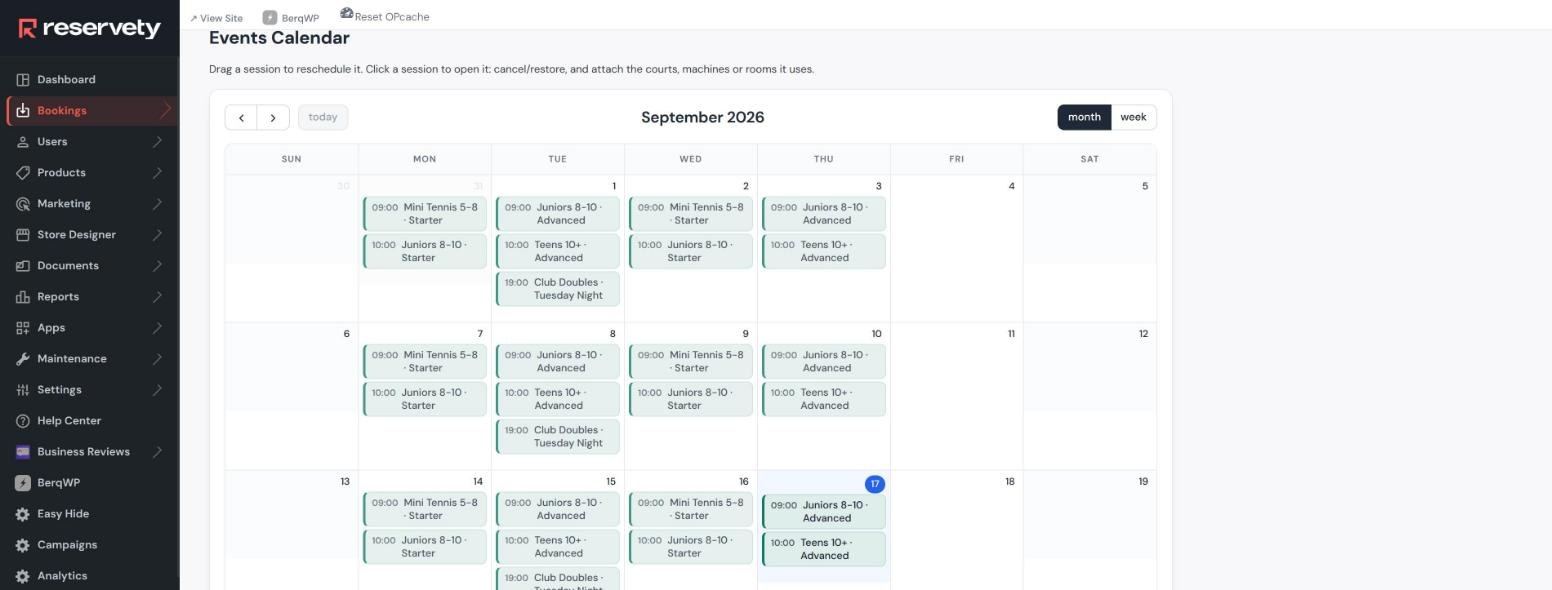 Events Calendar showing September 2026 with four class sessions on Mondays to Thursdays and a Tuesday evening club doubles session
