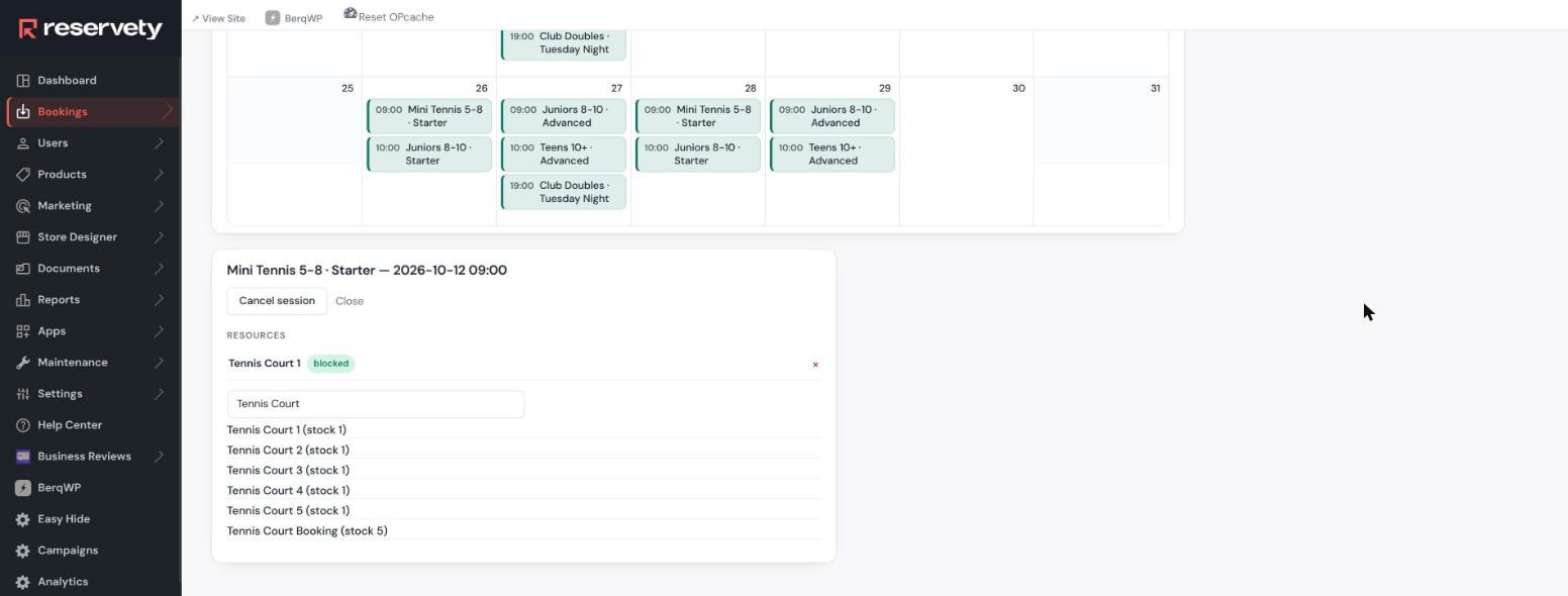 Session panel for Mini Tennis showing Tennis Court 1 attached and marked blocked, with a search listing all five tennis courts