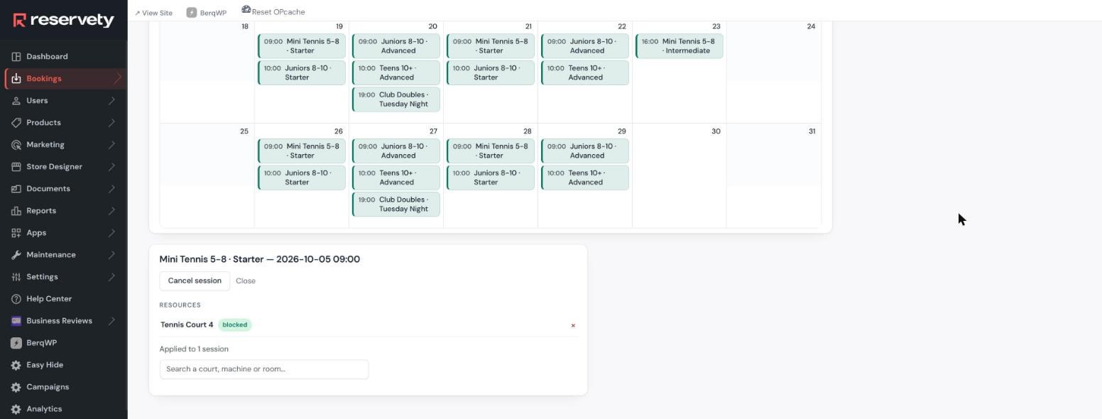 Session panel showing Tennis Court 4 attached and blocked with the status line Applied to 1 session
