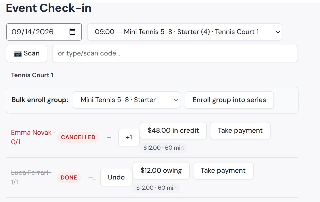 Check-in screen for 14 September showing Tennis Court 1, a bulk enroll control, Emma Novak marked cancelled with a 48.00 in credit balance, and Luca Ferrari checked in with 12.00 owing