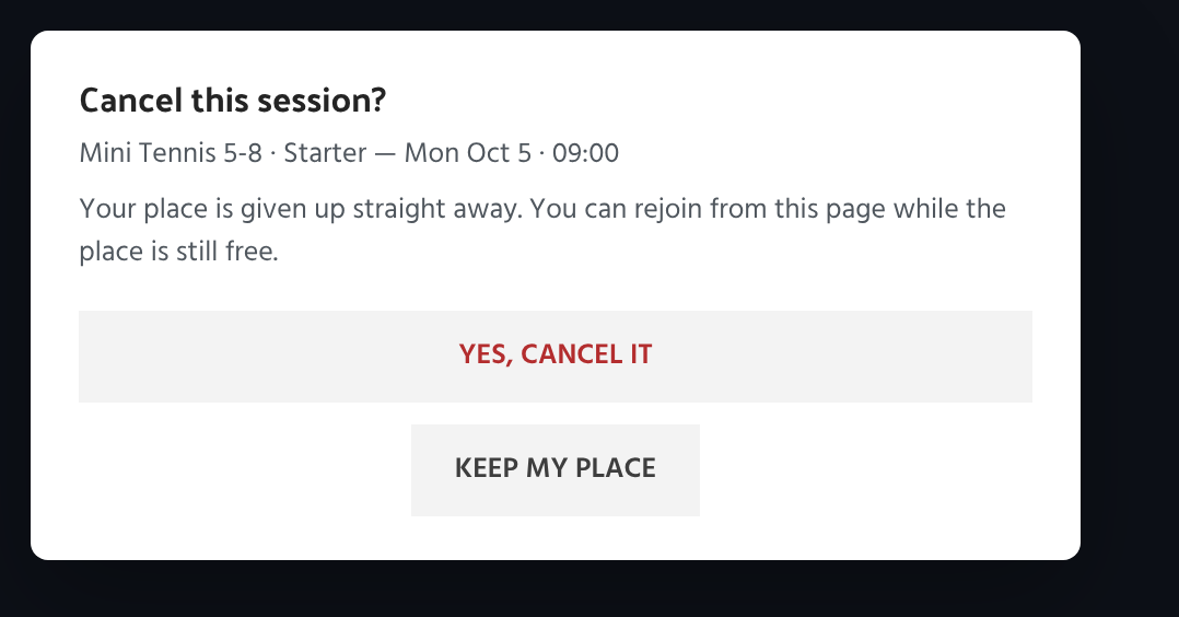 In-page confirmation asking whether to cancel a named session, with buttons yes cancel it and keep my place