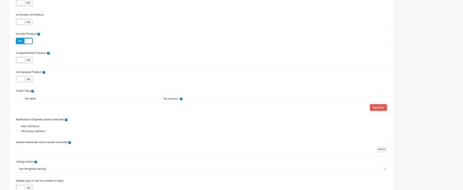 Item types panel with Is Event Product set to Yes and empty ticket tier and per-event notification override fields below