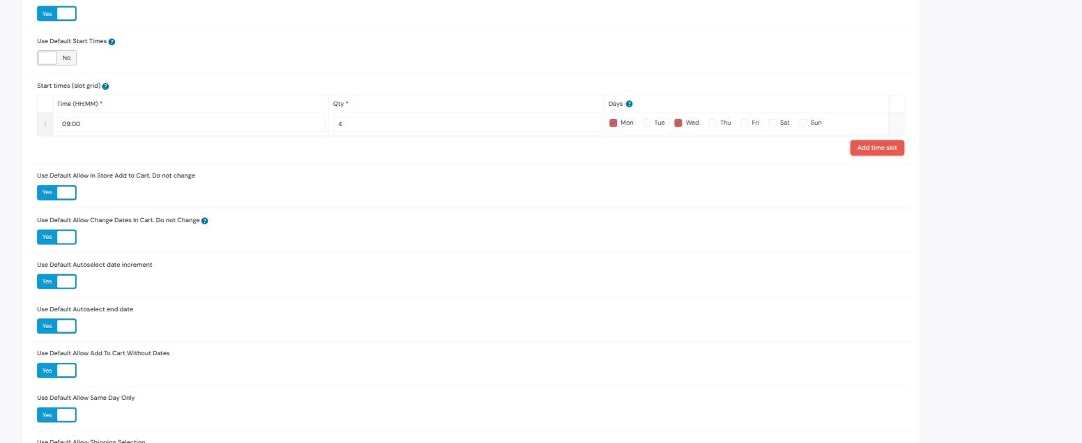 Start times slot grid with one row: time 09:00, quantity 4, days Monday and Wednesday ticked
