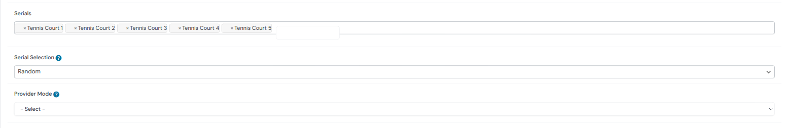 Serials field on the parent product listing Tennis Court 1 to 5 with Serial Selection set to Random