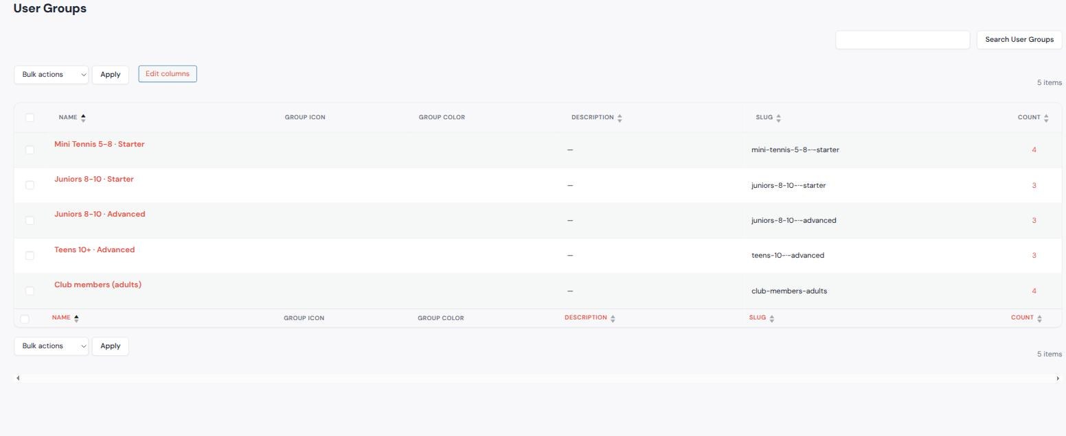 User Groups admin listing five groups: the four squads and Club members adults, with member counts