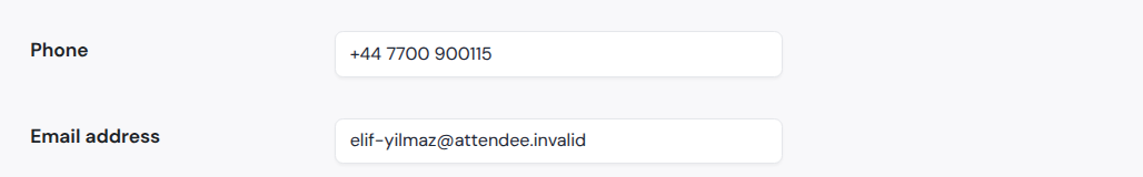 The new user account showing Phone +44 7700 900115 and Email address elif-yilmaz@attendee.invalid