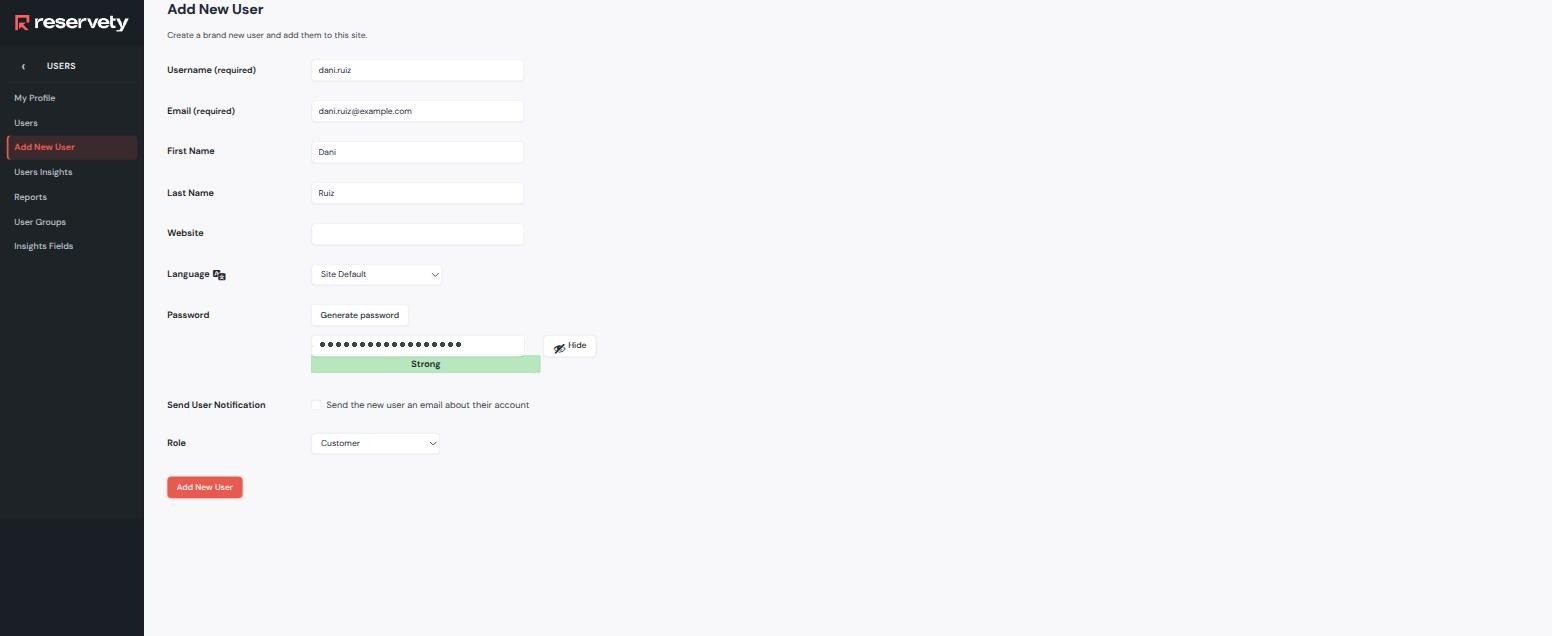 Add New User form filled in with username dani.ruiz, an email address, first and last name, a masked generated password, Send User Notification unticked and Role set to Customer