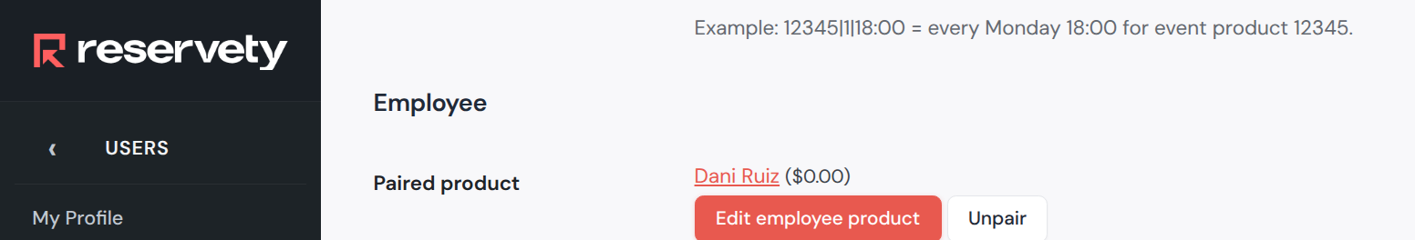 The same section after pairing, showing the paired product name with Edit employee product and Unpair buttons