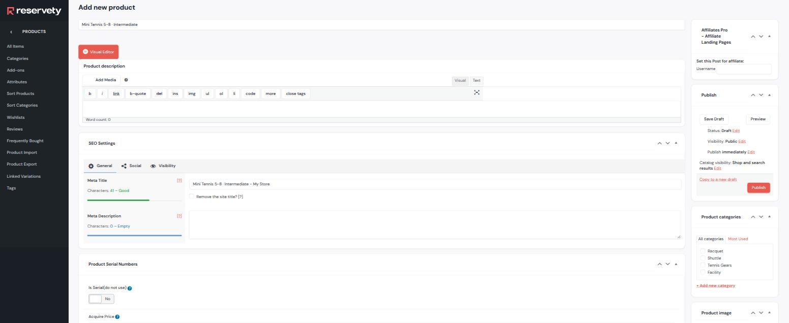 Add new product screen with a title typed, the Products menu on the left, the Publish box with catalog visibility, and the Product Serial Numbers panel with the Is Serial toggle