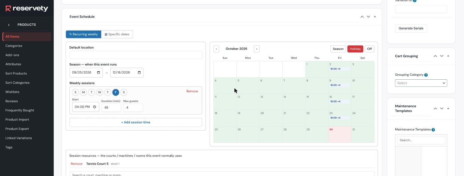 Event Schedule box configured with season 09/25/2026 to 12/18/2026, a Friday row with start 04:00 PM, duration 45 and max guests 4, and an October calendar shaded green with 16:00 x4 chips on each Friday and 30 October struck through in pink