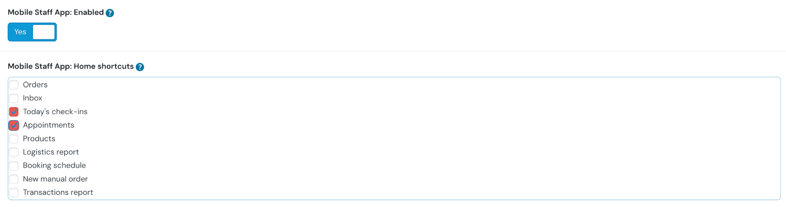 Rental settings showing Mobile Staff App Enabled set to Yes and the Home shortcuts checkbox list with Today's check-ins and Appointments ticked and the other seven tiles unticked
