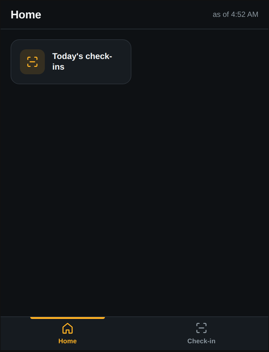 The mobile staff app home screen on a phone, dark theme, with a search box and two tiles: Today's check-ins and Appointments
