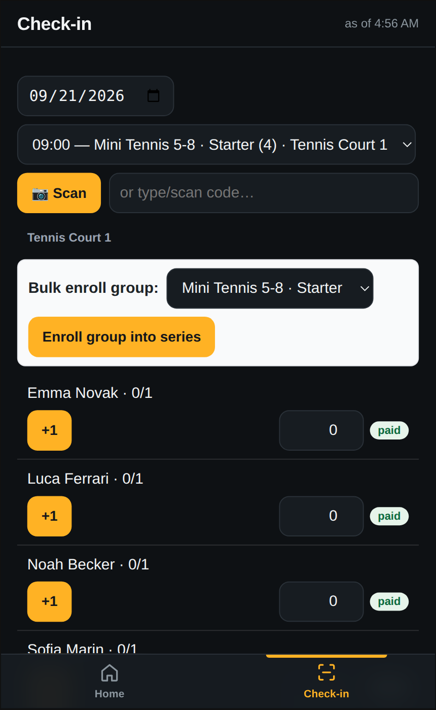 The app check-in screen on a phone showing the date 09/21/2026, a session dropdown reading 09:00 Mini Tennis 5-8 Starter 4 Tennis Court 1, a Scan button, the bulk enroll panel, and four children each with a plus one button