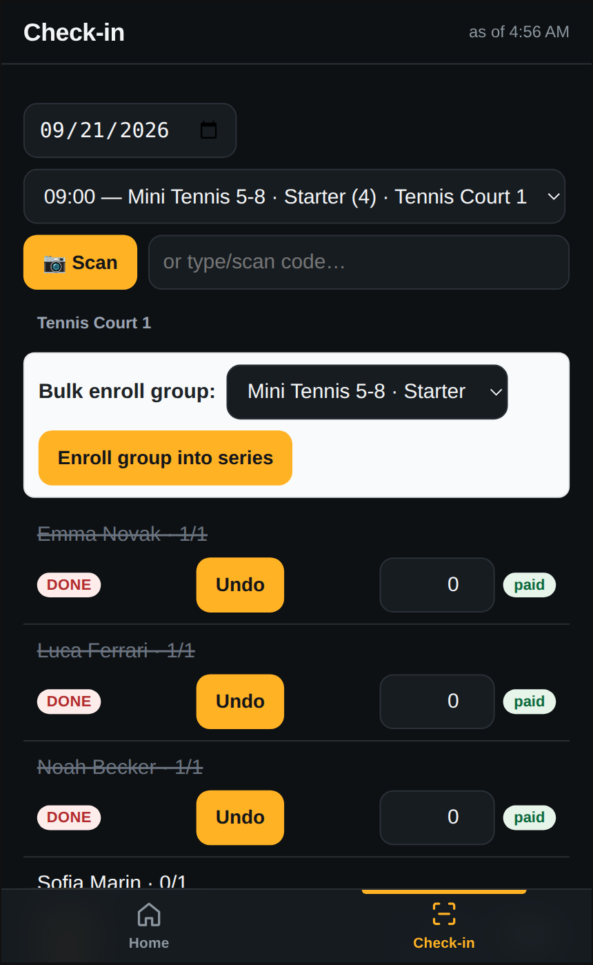 The same phone roster after three taps: Emma Novak, Luca Ferrari and Noah Becker struck through with DONE badges and Undo buttons, Sofia Marin still to arrive