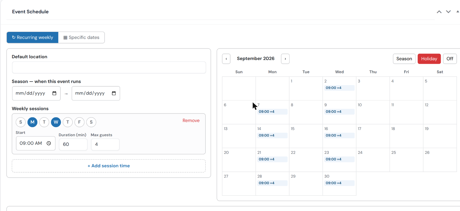 Event Schedule box on the Mini Tennis product showing one weekly session row with Monday and Wednesday selected, start 09:00 AM, duration 60, max guests 4, and a September calendar with 09:00 x4 chips on every Monday and Wednesday