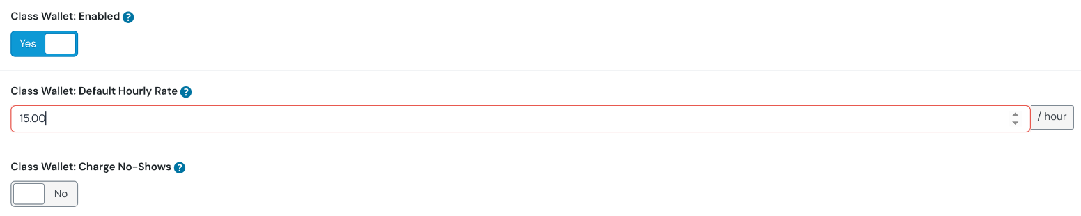 Rental settings showing Class Wallet Enabled set to Yes, a default hourly rate of 15.00 per hour, and Charge No-Shows set to No