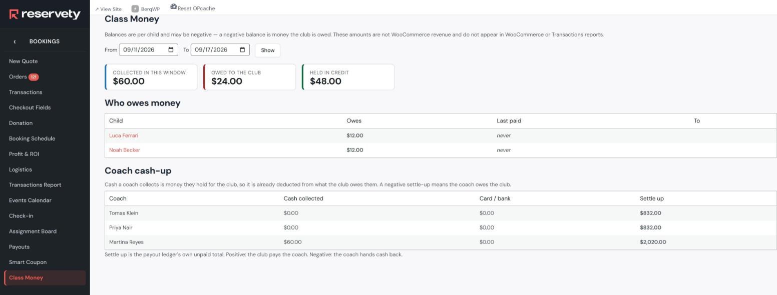 Class Money admin screen showing collected 60.00, owed to the club 24.00 and held in credit 48.00, a who-owes-money table listing Luca Ferrari and Noah Becker at 12.00 each with last paid never, and a coach cash-up table
