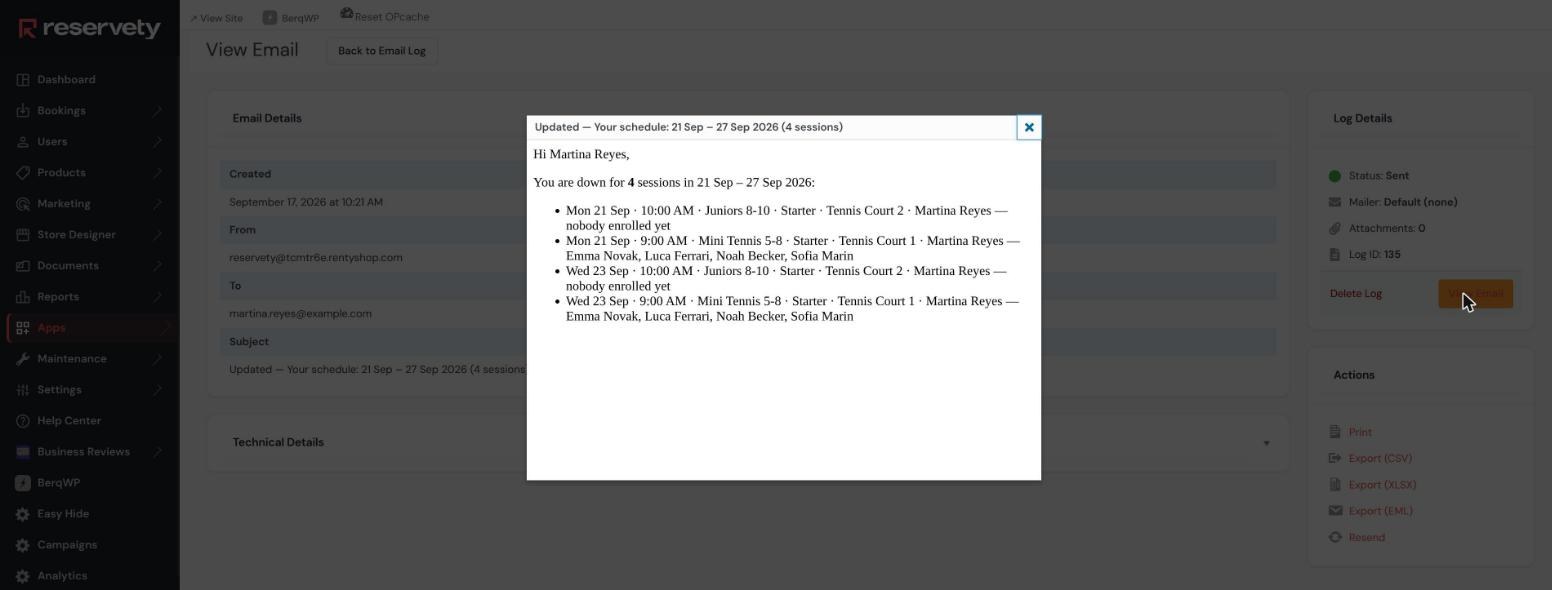 Coach email reading Updated dash Your schedule 21 to 27 September, four sessions listed with date, time, class, court, coach and the children in each