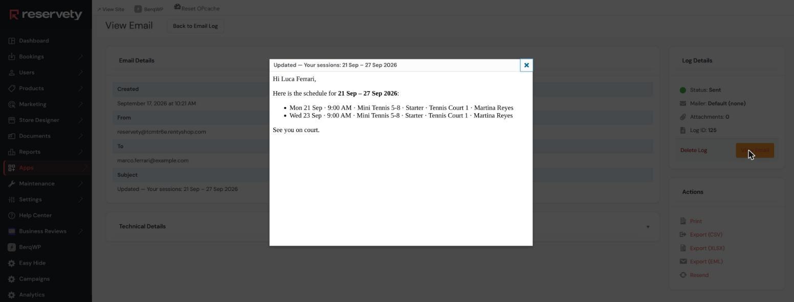 Parent email reading Updated dash Your sessions 21 to 27 September with two lines showing date, time, class, court and coach, and no other child named