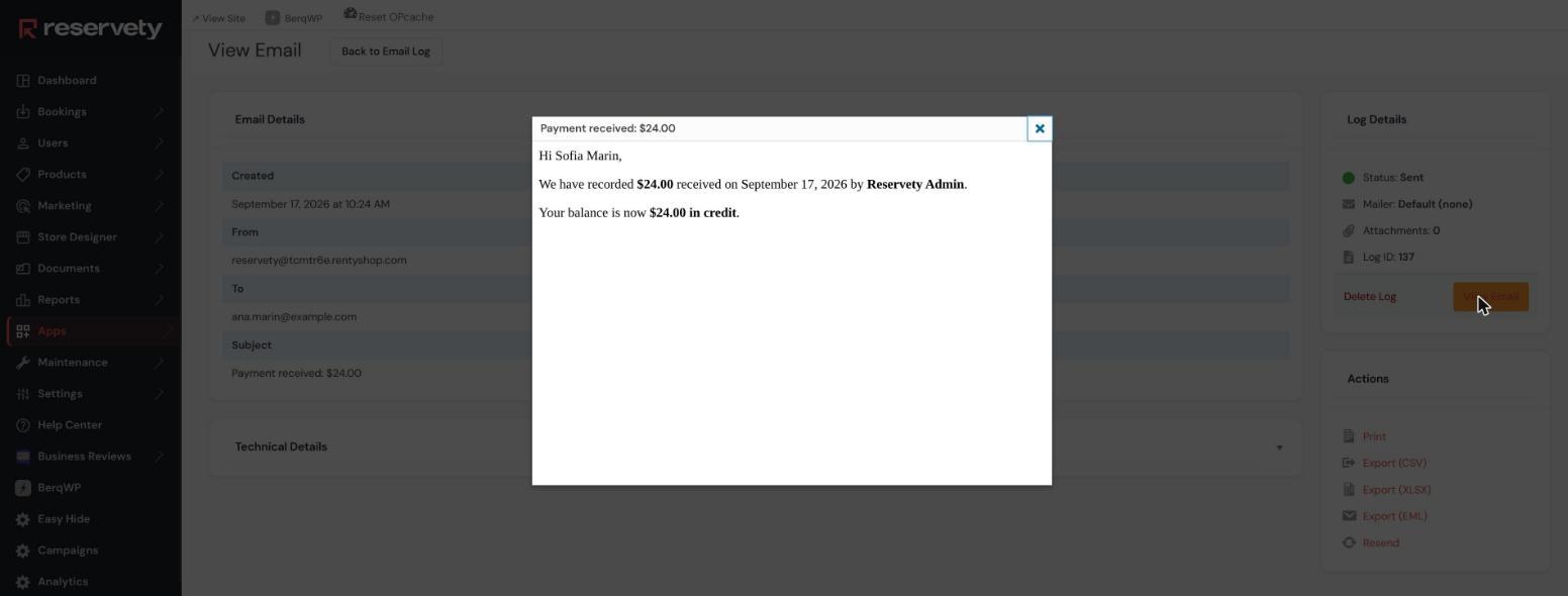 Email reading Payment received 24.00, we have recorded 24.00 received on 17 September by Reservety Admin, your balance is now 24.00 in credit