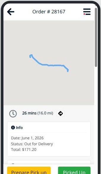 Driver app order screen showing the leg drawn on a map with a travel time of 26 minutes over 16 miles