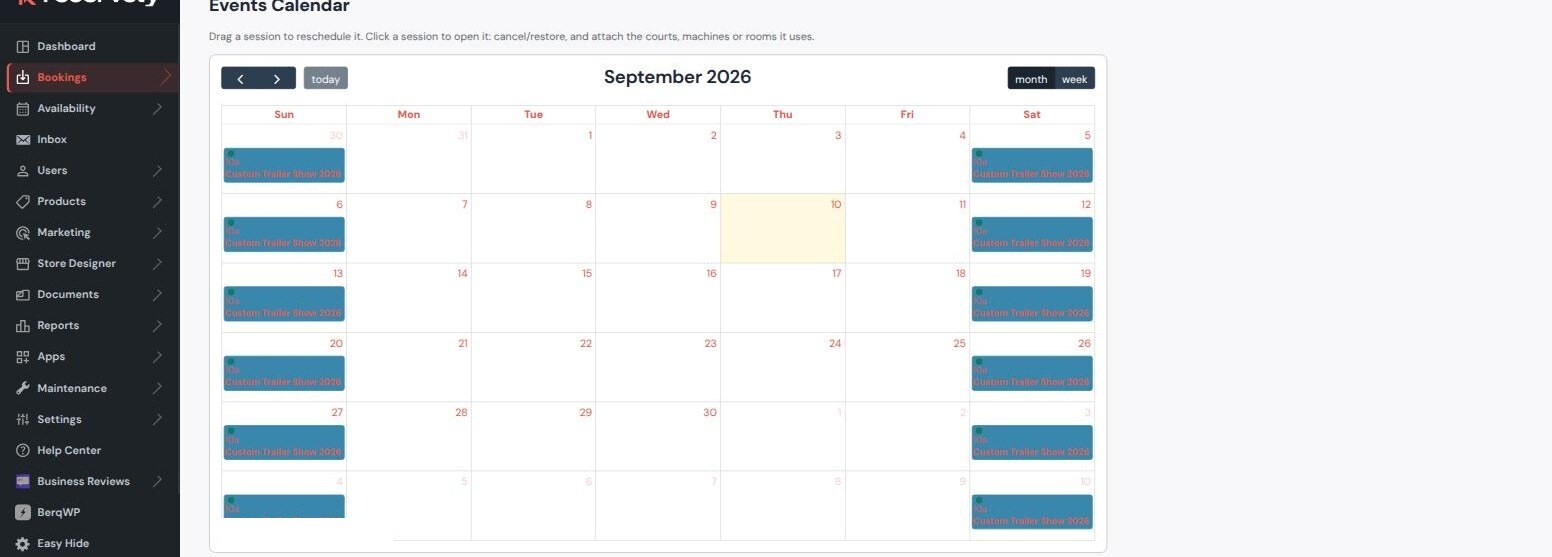 Events calendar month view showing the trailer show on every Saturday and Sunday at 10am