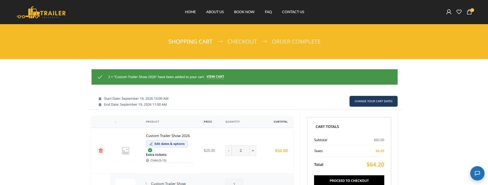 Cart showing the show booking with an extra child ticket, a quantity of two and the session dates