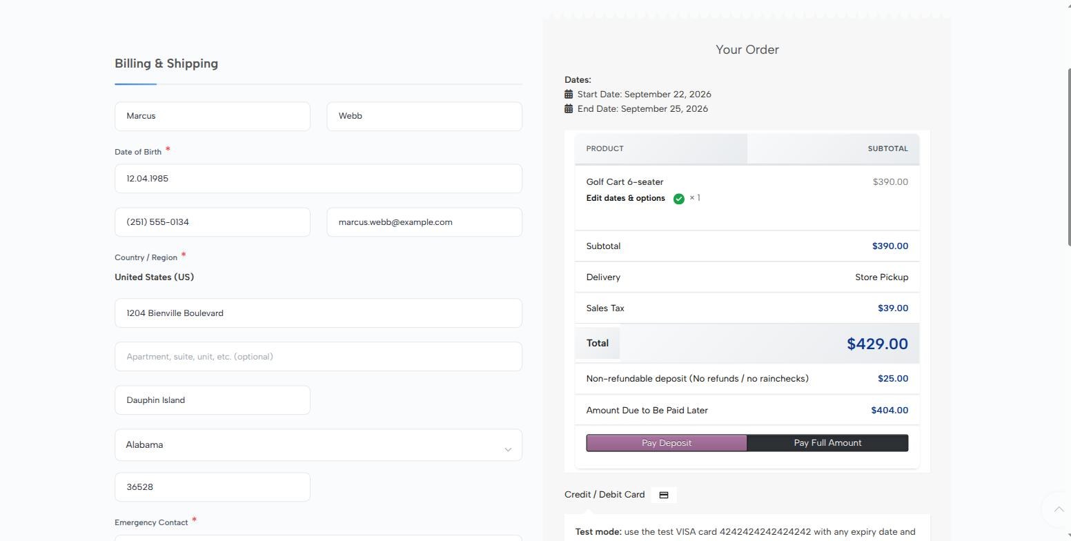 Checkout showing a 429 dollar total split into a 25 dollar non-refundable deposit and 404 dollars due to be paid later, with Pay Deposit selected