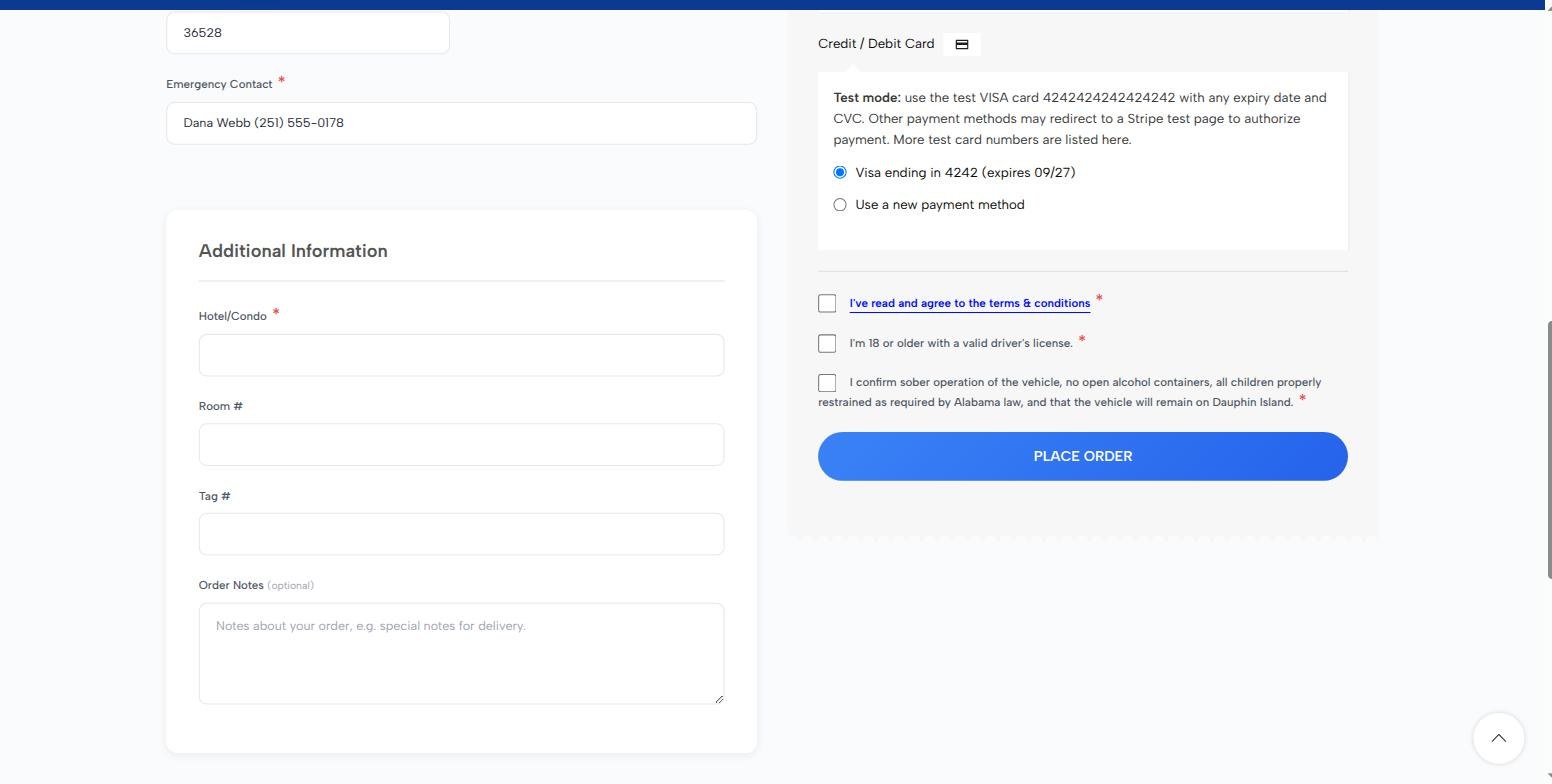 Checkout consent checkboxes covering terms, being 18 or older with a valid licence, and sober operation with the vehicle remaining on Dauphin Island